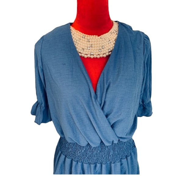 BLUE SHORT SLEEVE RUFFLE LAYERED PEPLUM DRESS - Picture 5 of 6
